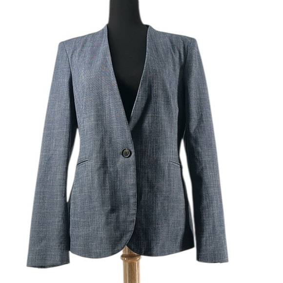 Zara Jackets & Blazers - Zara Blazer single button blue/grey white thatched detail minimalist career sz 6